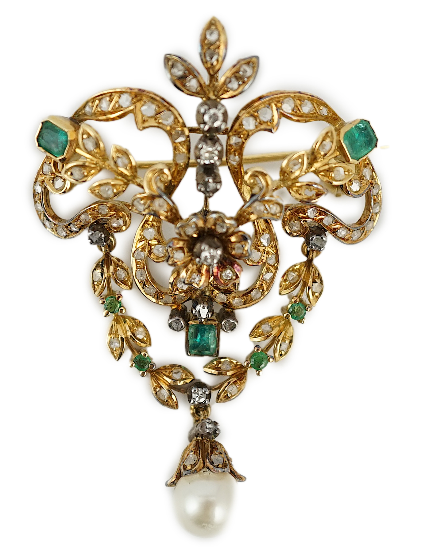 A Victorian gold, emerald and diamond cluster pendant brooch, with pearl drop